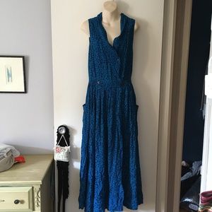 KALIYANA Blue Print Cotton Long Sleeveless Dress M